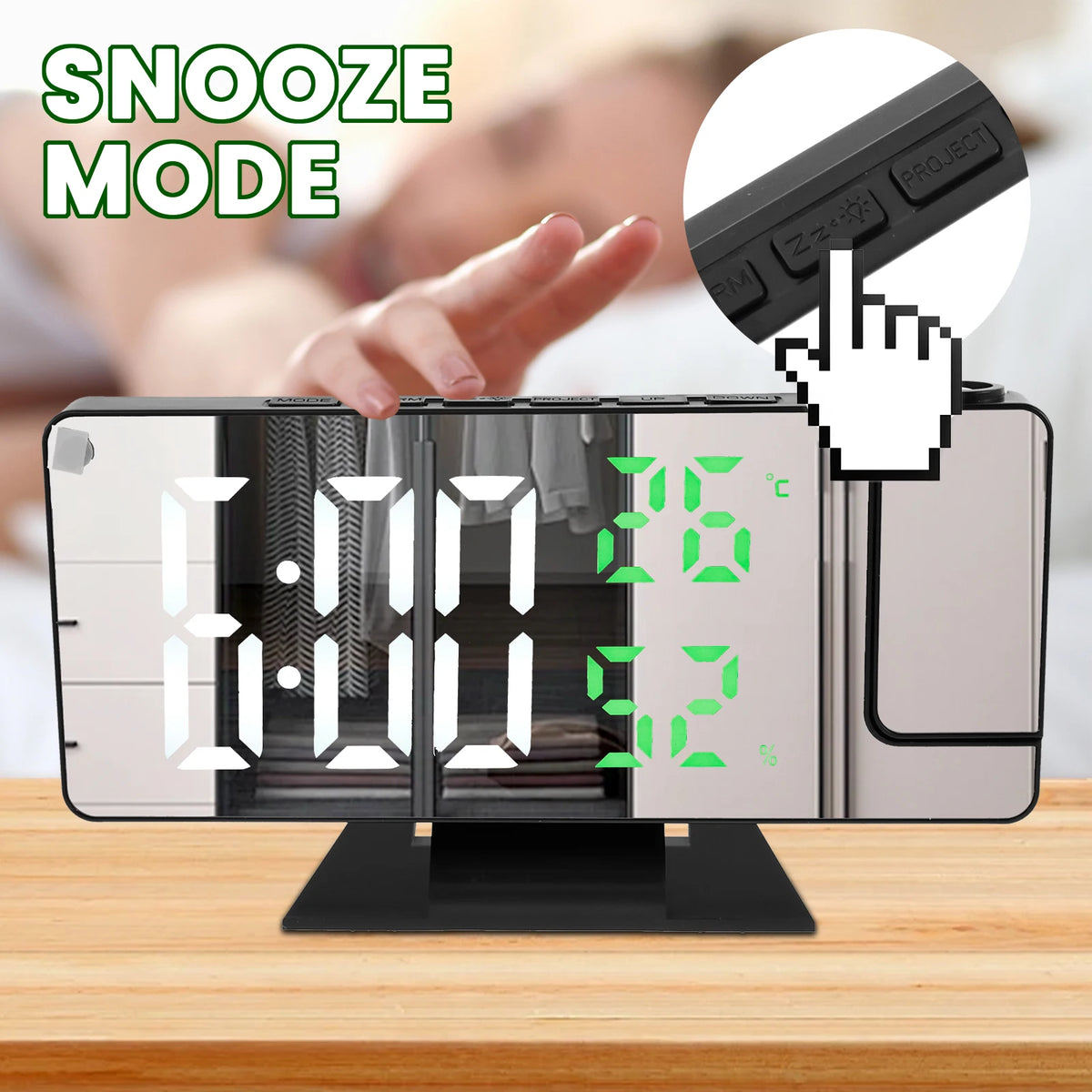 réveil projecteur miroir led noir blanc vert texture bois minimaliste horloge alarme