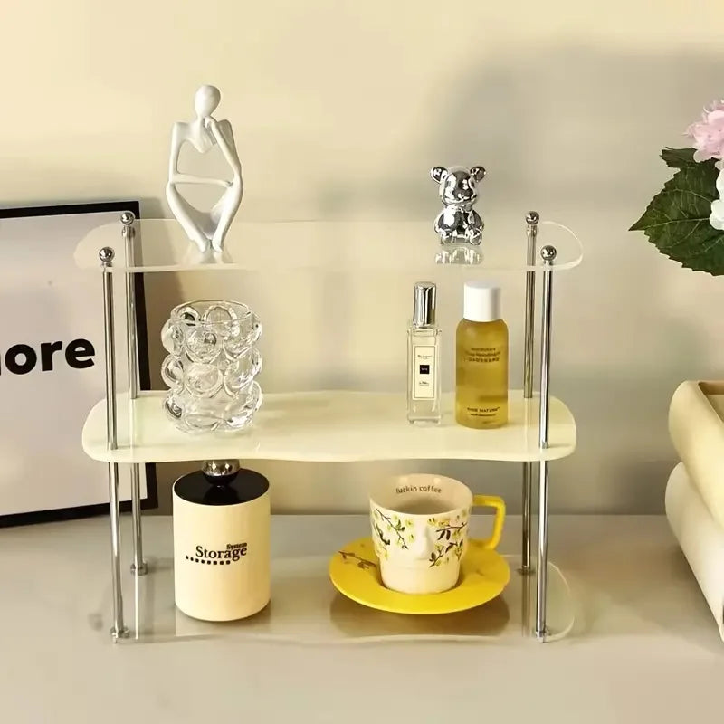 étagère deux niveaux transparente moderne pieds métalliques rangement parfum vaisselle décoratives multifonctionnelle salon