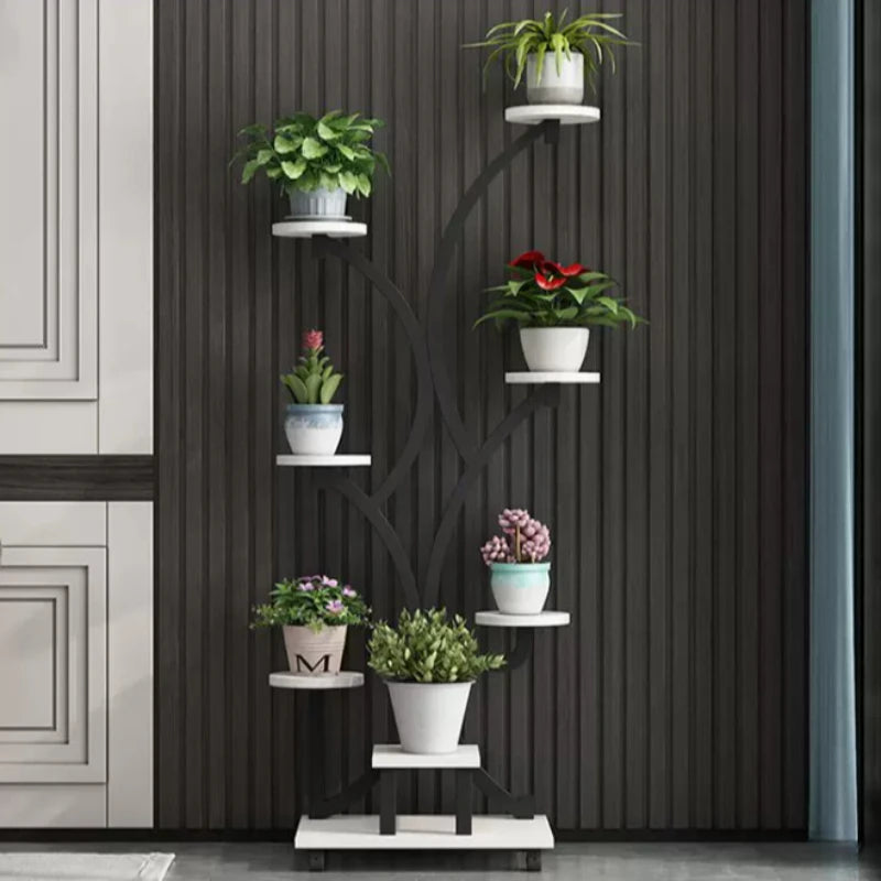 meuble plantes moderne minimaliste noir doré blanc structure arborescente plateaux simples
