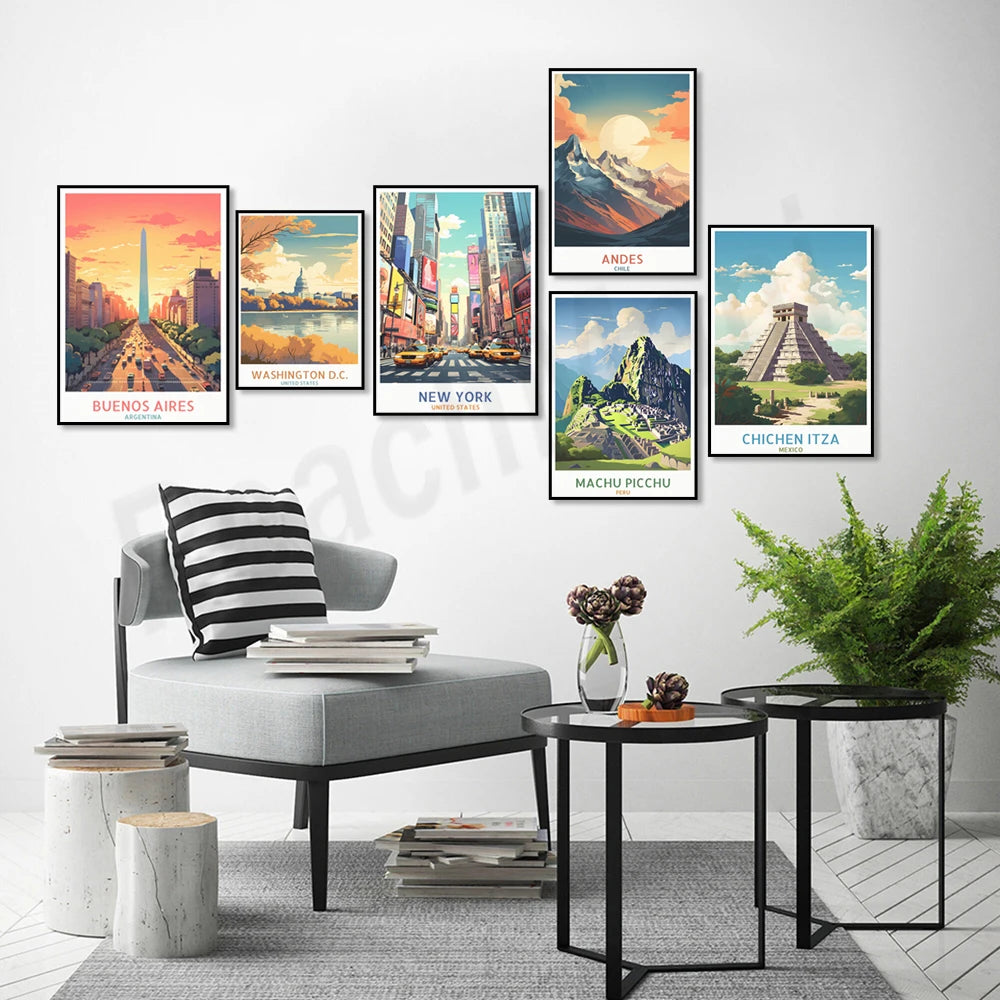 Élégantes affiches représentant des destinations de voyage emblématiques, telles que Buenos Aires, Washington D.C., New York, les Andes, Machu Picchu et Chichen Itza, créant une ambiance de voyage et d'exploration dans cet espace d'intérieur moderne.
