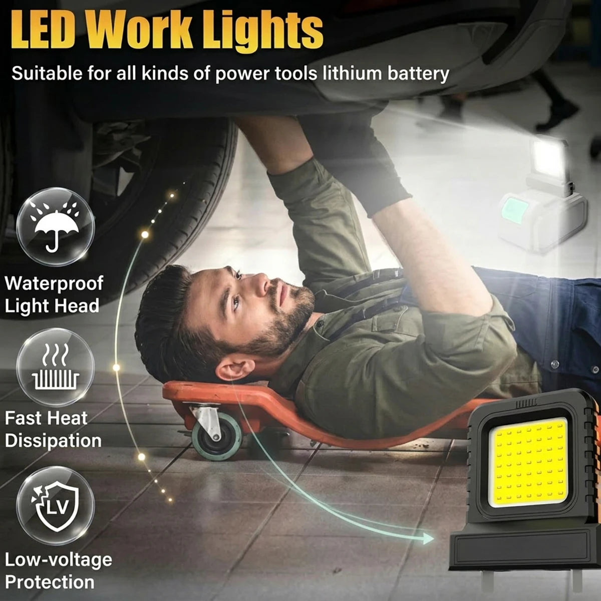 Lampe travail LED super lumineuse portable rechargeable 20V noir turquoise robuste