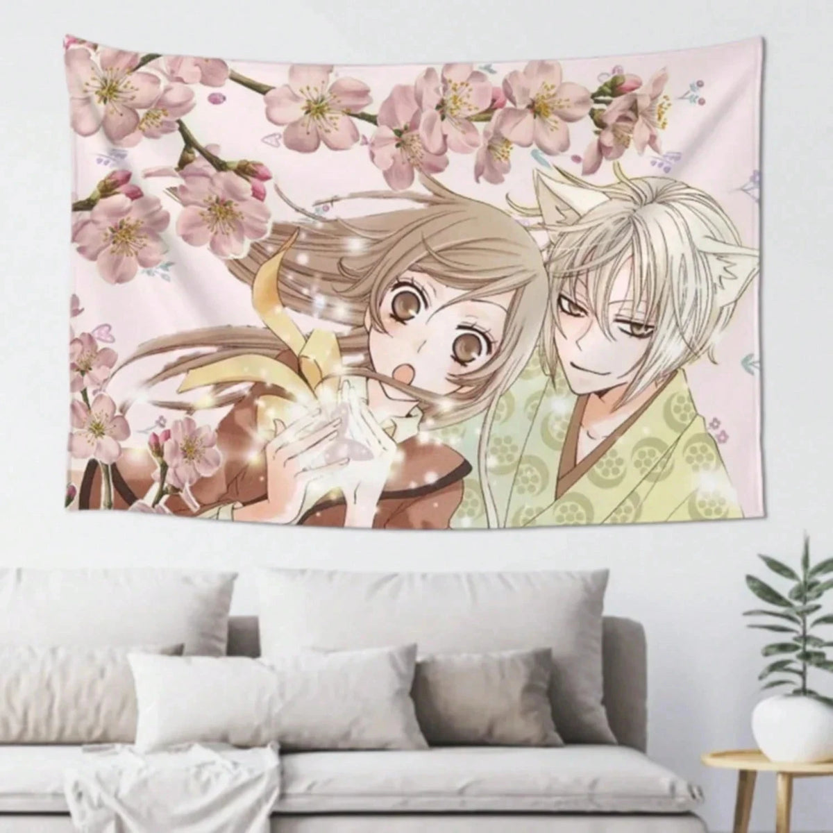 tapisserie murale décoration anime personnages fleurs cerisier rose clair beige blanc clips
