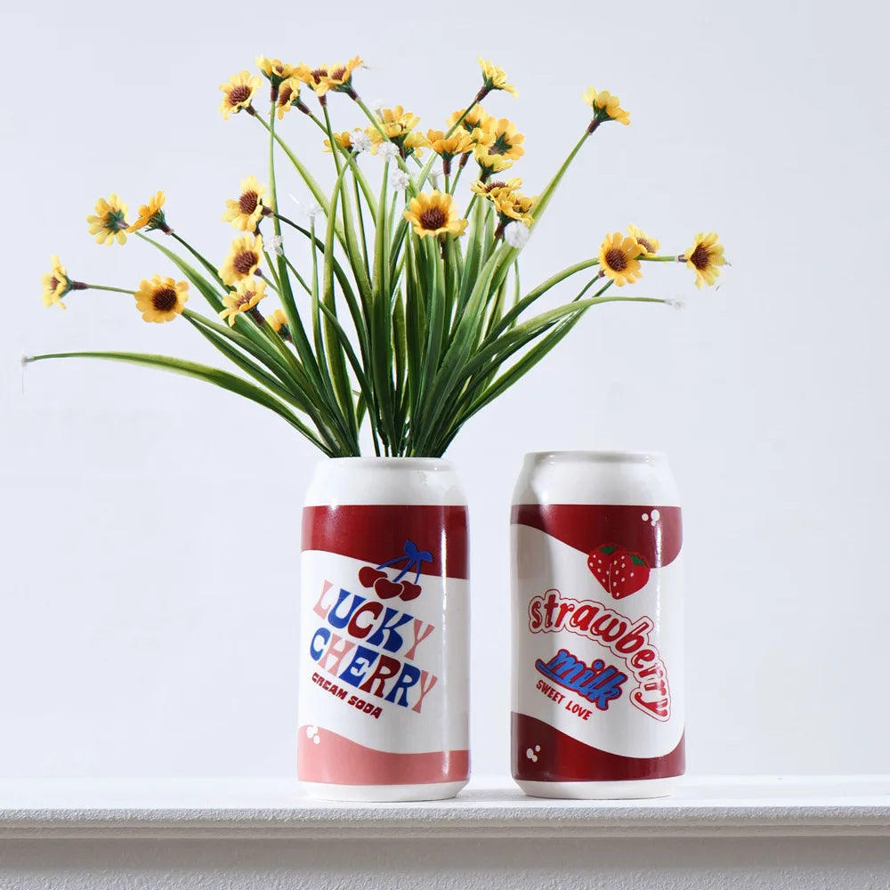 vase céramique moderne forme canette rouge blanc rose décoration intérieure pop artbranches sèches fleurs
