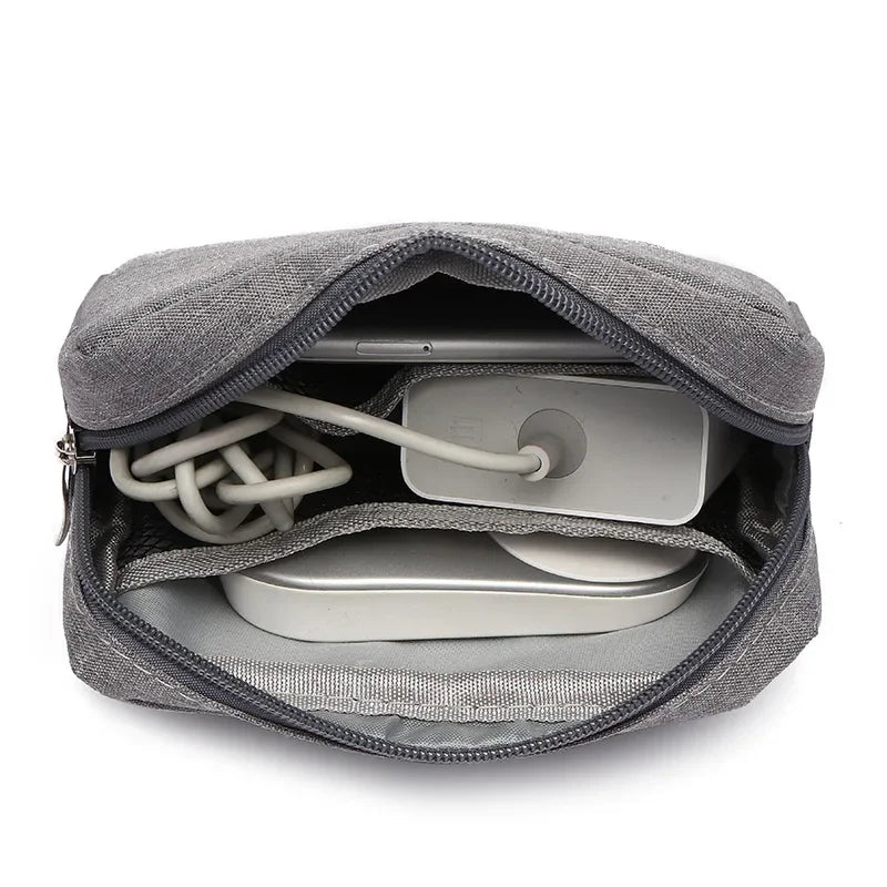 sac main gris toile classique fermeture glissière chargeur cable usb souris travel gọn