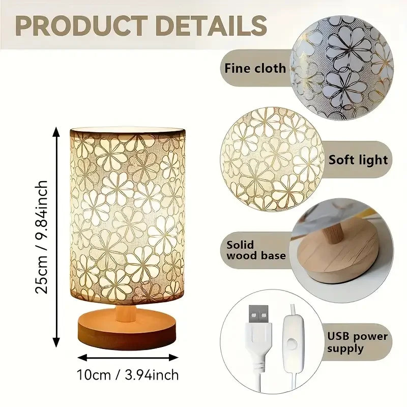 lampe table moderne blanc beige bois fleurs découpées câble usb interrupteur minimaliste chambre table