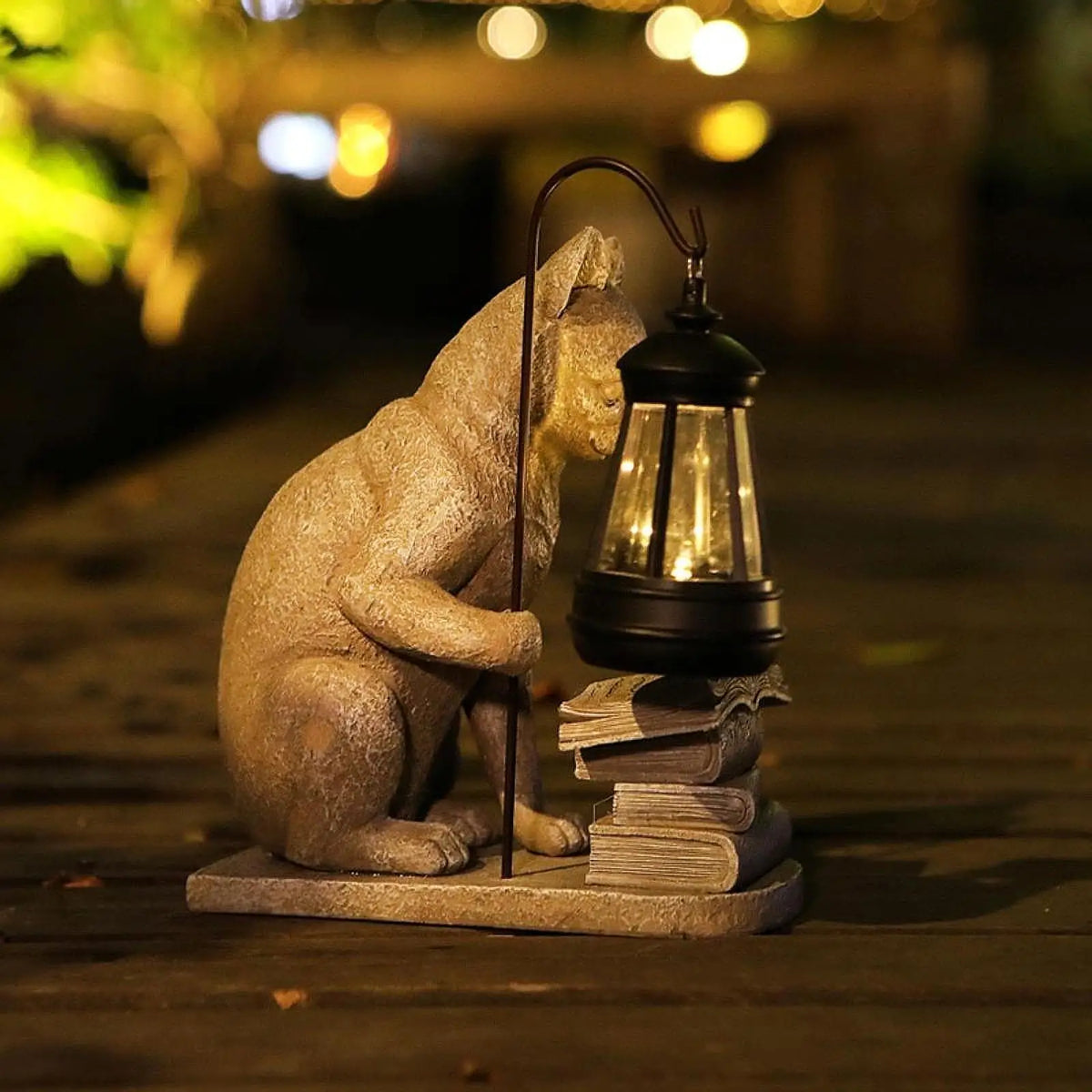 statue chat lisant lampe livres jardin ornement résine gris clair classique extérieur lumineuse solaire