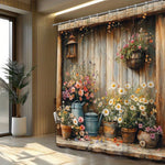 rideau douche rustique fleurs pots lanterne bois multicolore crochets moderne