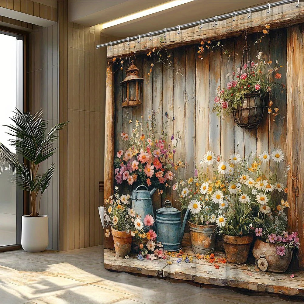 rideau douche rustique fleurs pots lanterne bois multicolore crochets moderne
