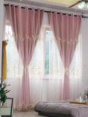 rideau double couche brodé motif floral semi transparent rose blanc doré chambre salon