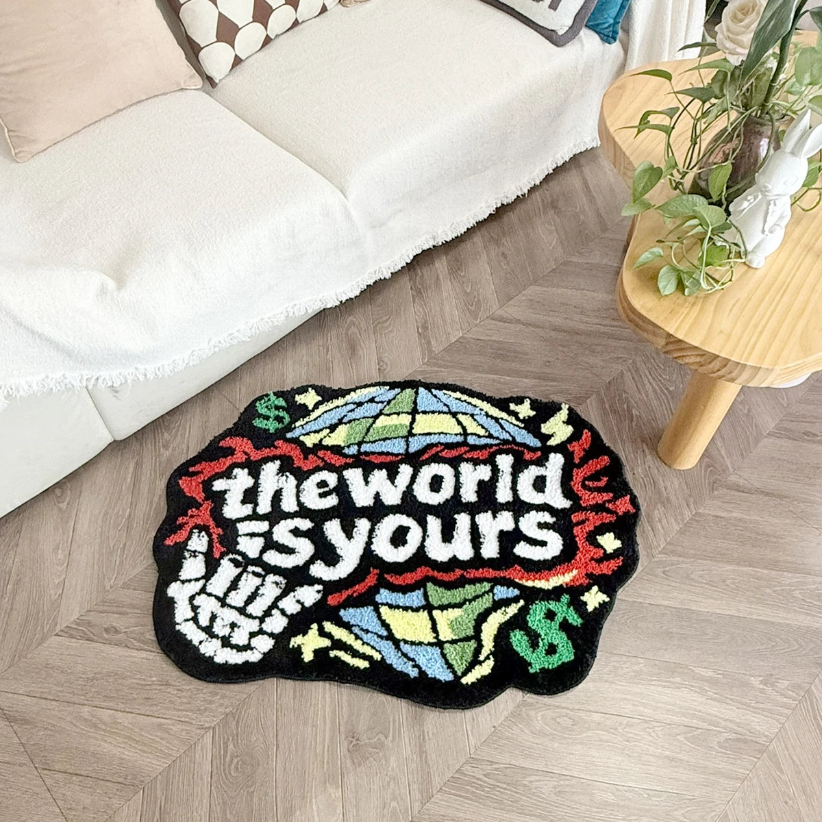 tapis tufté carte monde texte monde est vous symboles monétaires créatif pop art polygone
