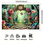 toile fond décorative alice merveilles roses cartes lapin chapeau horloge champignons vert bleu rose