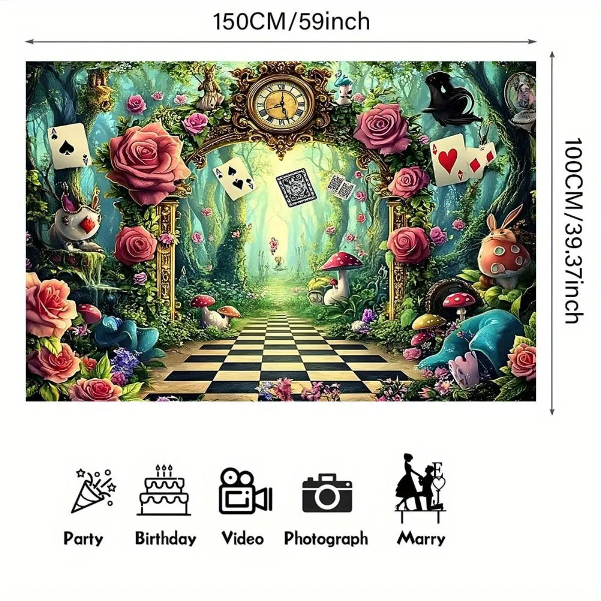 toile fond décorative alice merveilles roses cartes lapin chapeau horloge champignons vert bleu rose