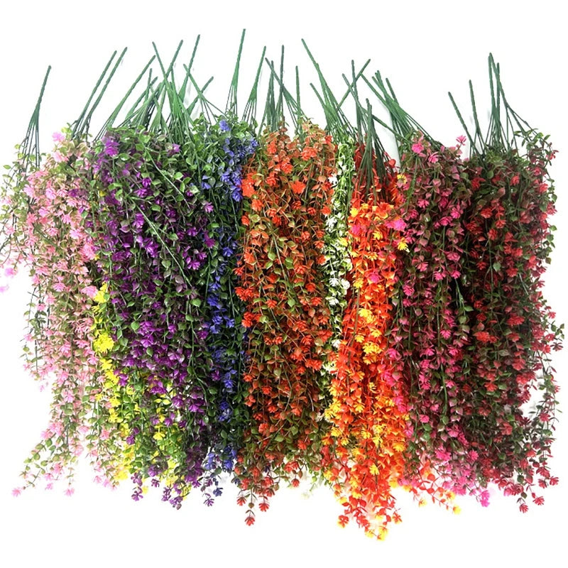guirlande fleurs artificielles suspendues violet rose rouge blanc jaune orange décoration jardin mariage balcon