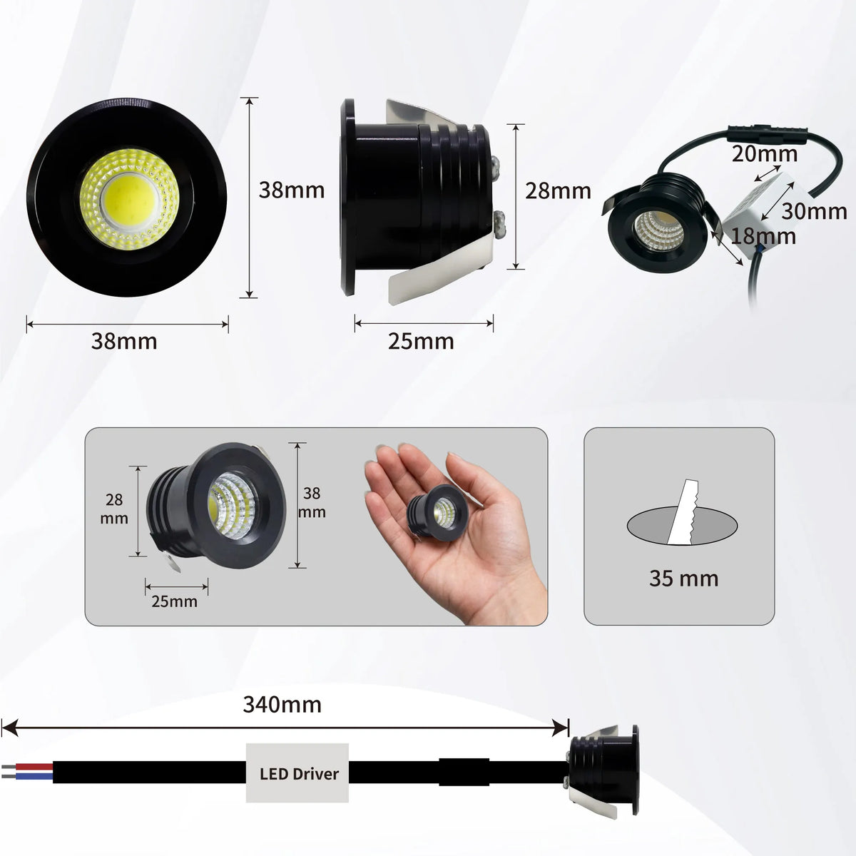 Spot LED 3W Noir Blanc Or Moderne Adhésif 220V LED Driver