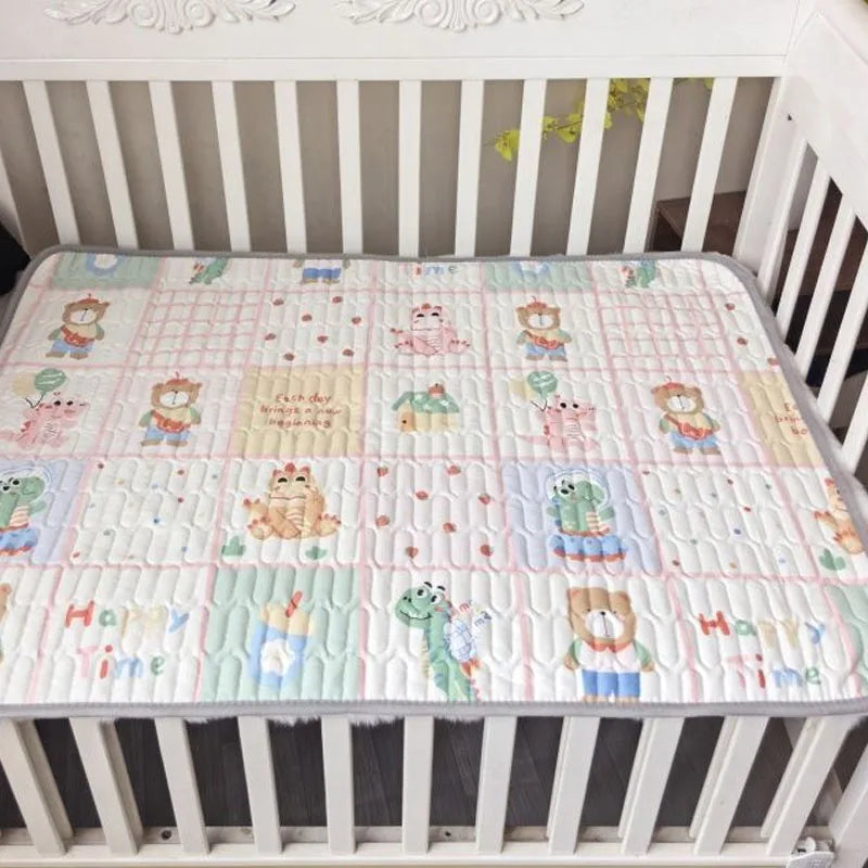 tapis lit bébé imperméable motifs animaux happy time 150x200cm 180x200cm coton blanc rose verte