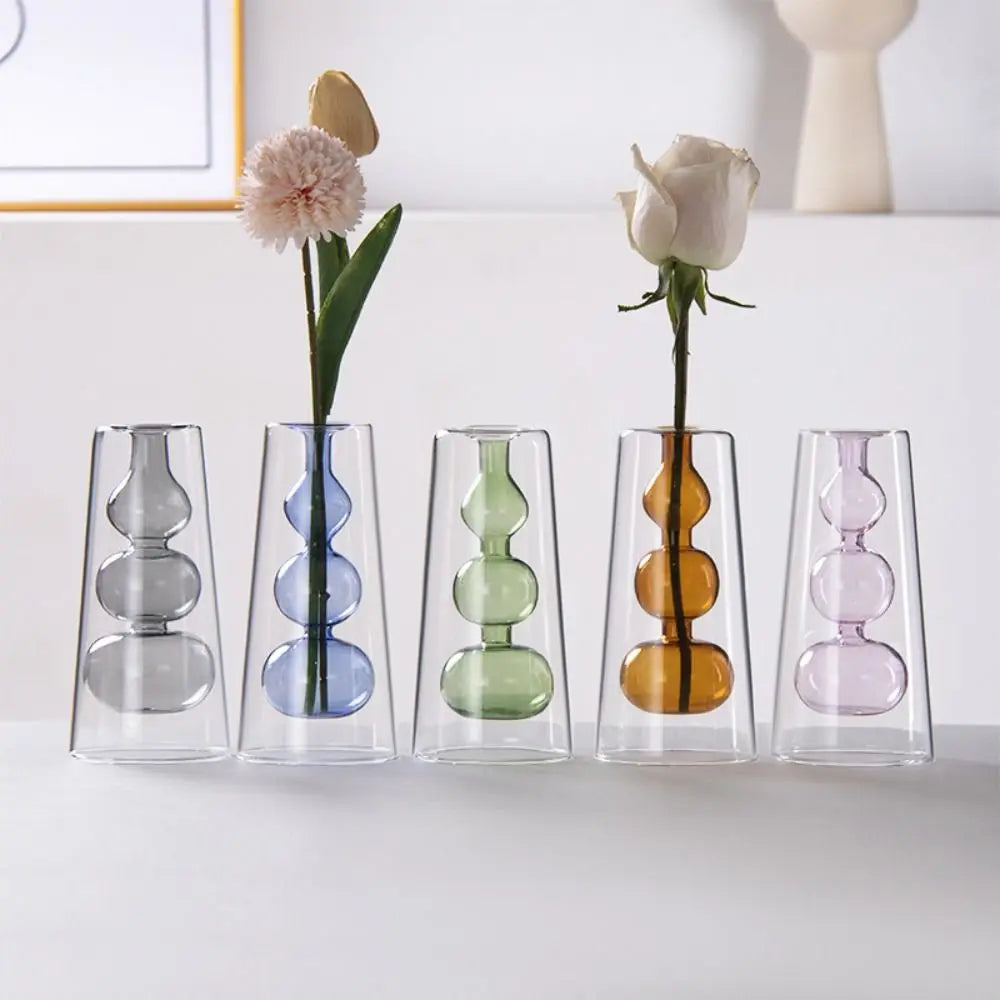 vase verre transparent billes sphériques minimaliste couleur gris bleu vert orange rose