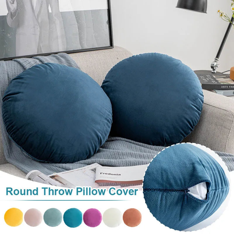 taies d'oreillers rondes velours couleurs unies moderne décoratives intérieur blanc bleu marine jaune rose