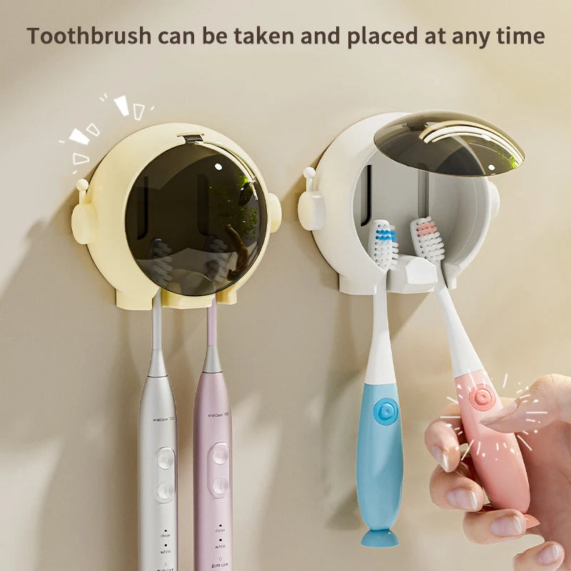 porte brosses dents mural astronaute beige jaune rose blanc visière transparente adhésif moderne ludique