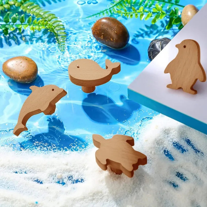 poignées tiroir bois animal marin dauphin pieuvre phoque hippocampe moderne vis chambre enfant decoration