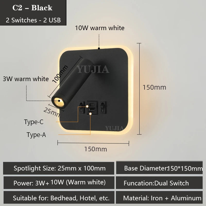 lampe murale multifonctionnelle moderne rechargeable usb noir blanc bronze laiton