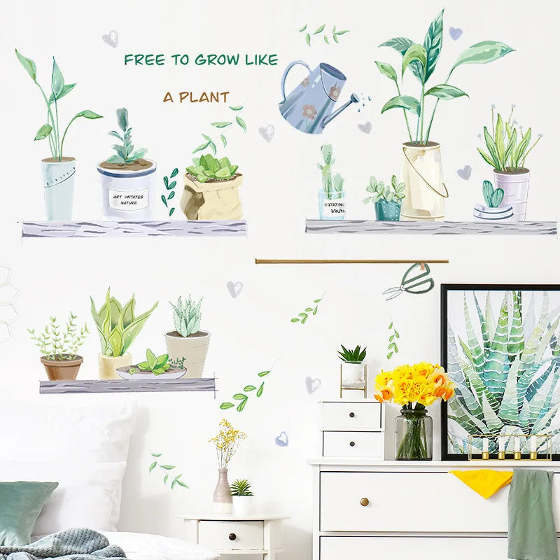 sticker mural adhésif plante verte illustration naturelle pots arrosoirs moderne 69cm 70cm