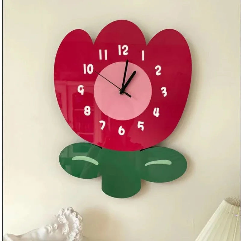 horloge murale quartz aiguille acrylique motif floral rouge rose salon moderne