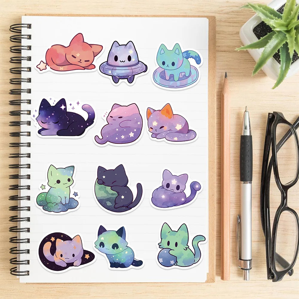 stickers dessin animé mignon galaxie étoiles pastel violet bleu rose orange vert noir adhésifs