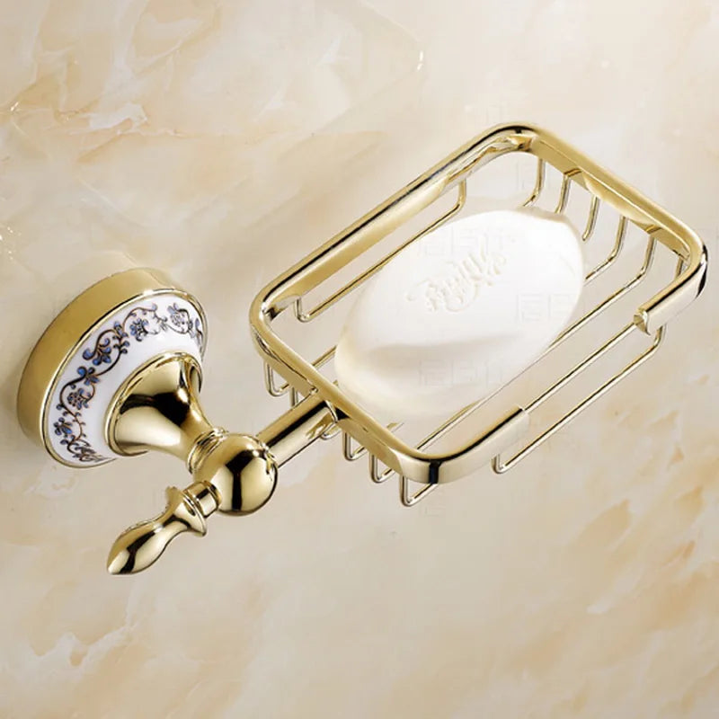 accessoires salle bain doré motifs floraux classique serviette papier toilette savon fixations murales ensemble