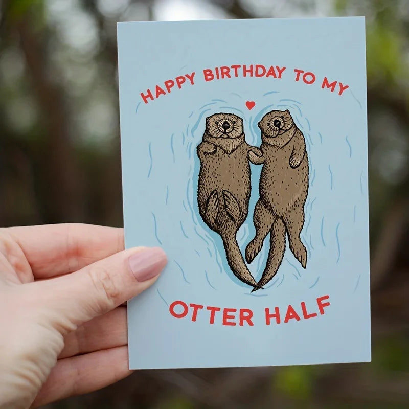 carte anniversaire otters bleu clair texte amusant papier épais cartonné enveloppe rose occasion festive