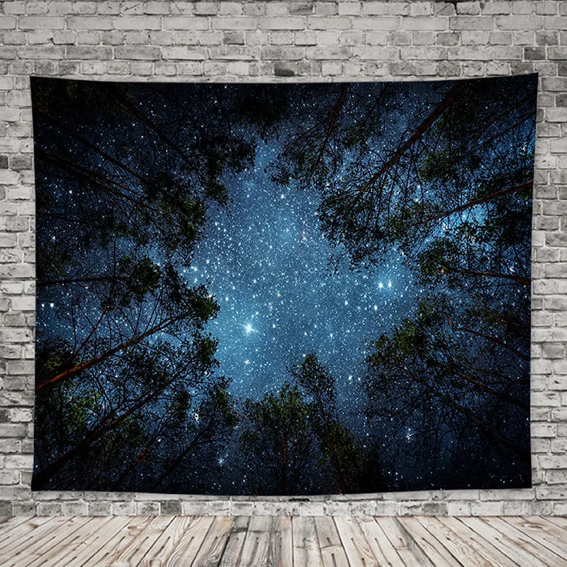 tapisserie forêt nocturne étoiles aurora borealis bleu noir blanc vertical maison chambre decoration