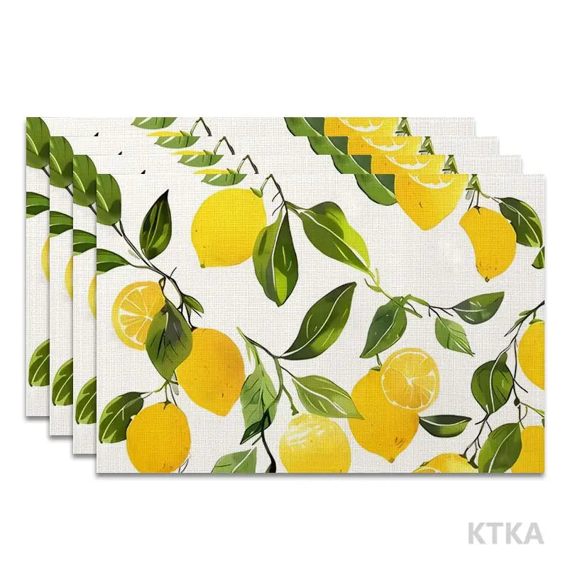 serviettes table blanc jaune automne citrons feuilles vertes fond blanc texture matDecoratorHomeUseSetOf4