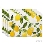 serviettes table blanc jaune automne citrons feuilles vertes fond blanc texture matDecoratorHomeUseSetOf4