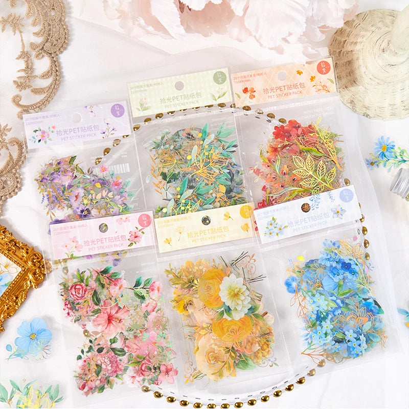 sticker floral adhésif bleu vert doré fleurs feuilles décoration carnet artisanal 40pcs