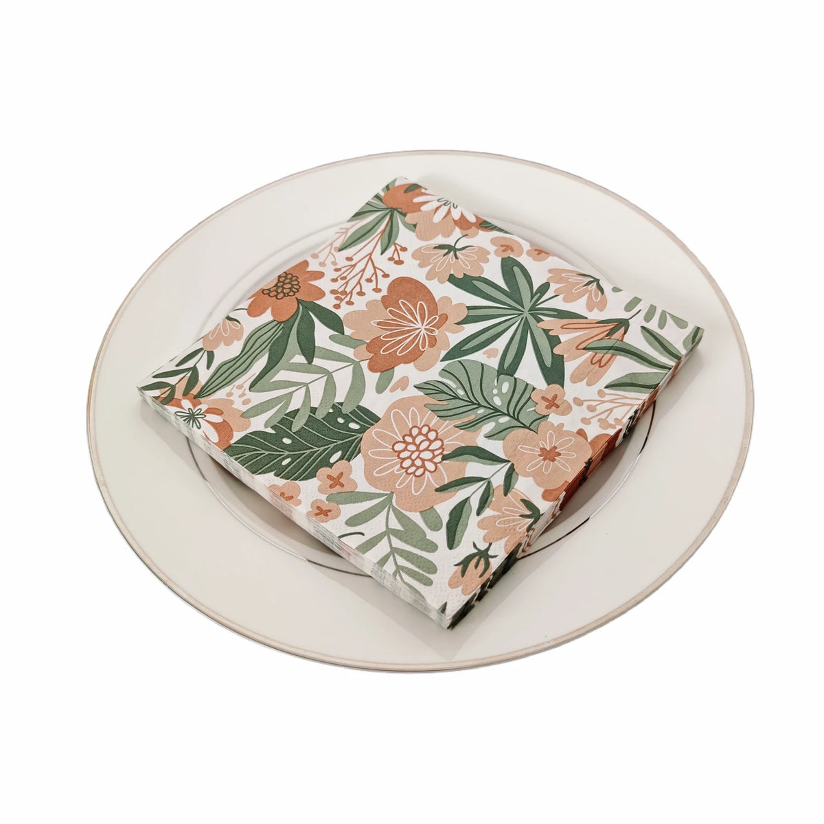 serviettes tissu bohèmes motifs floraux blanc orange rouille vert olive dimensions 33cm 33cm