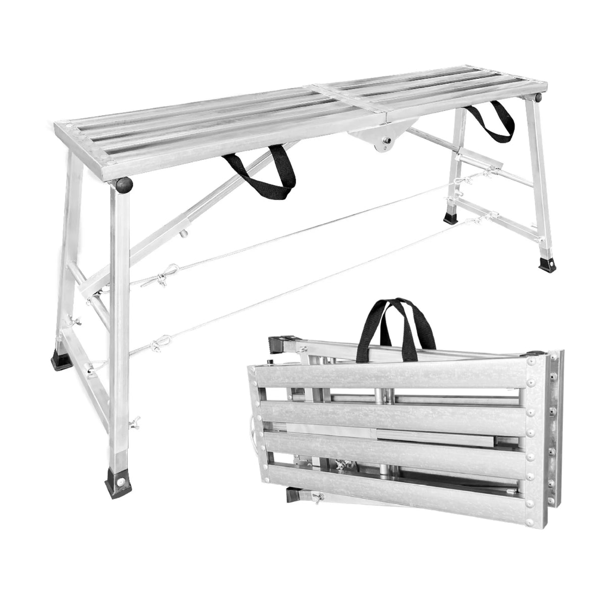 tabouret escabeau pliable argenté poignées noires rainures horizontales structure métallique stable cordes élastiques capacité