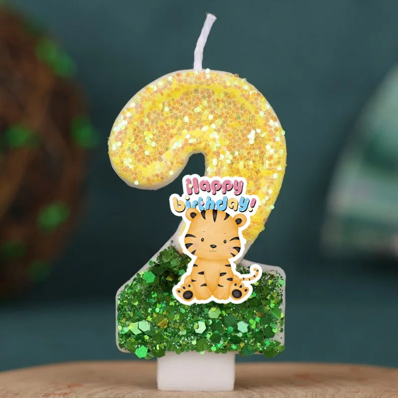 bougies anniversaire numérotées or pailleté vert blanc décoratives fêtes enfants tigre mignon happy birthday