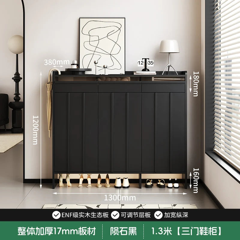meuble entrée moderne noir panneaux verticaux lisses rangement tabouret coussin plaques mesure