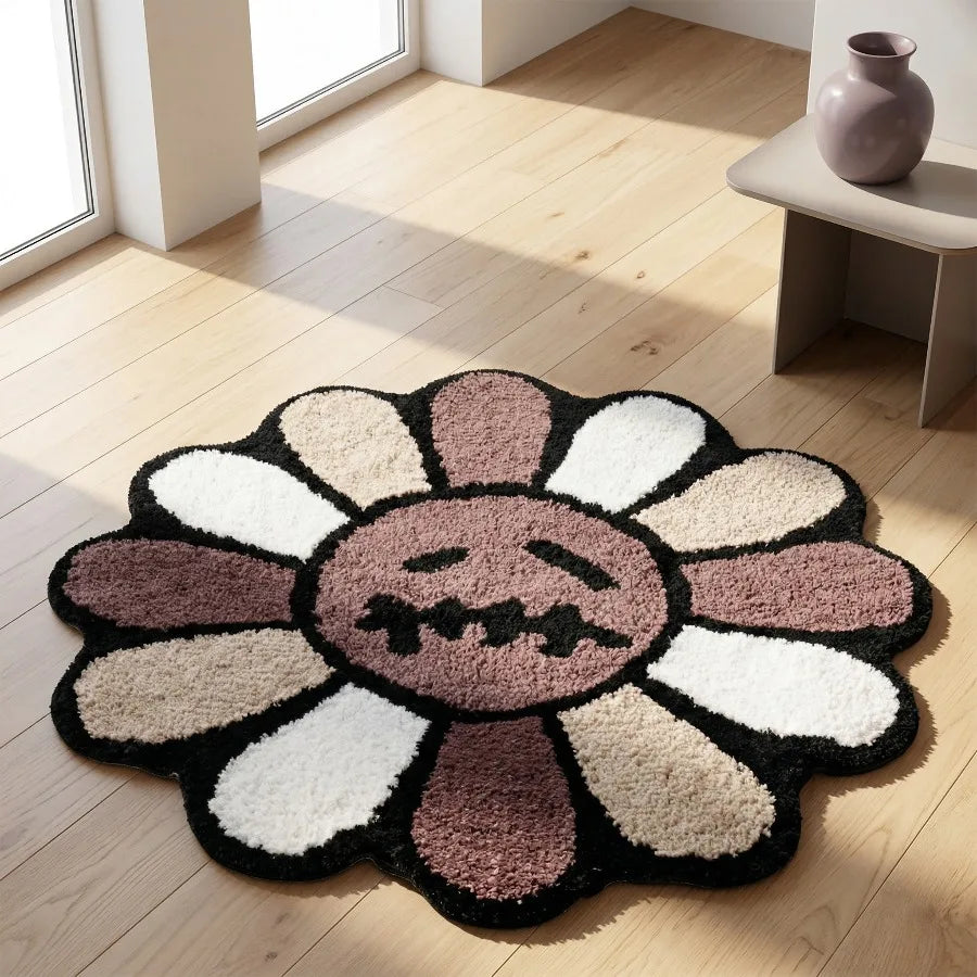 tapis marron moderne fleurs visages tapis antidérapant chambre salon polyestère fluffy