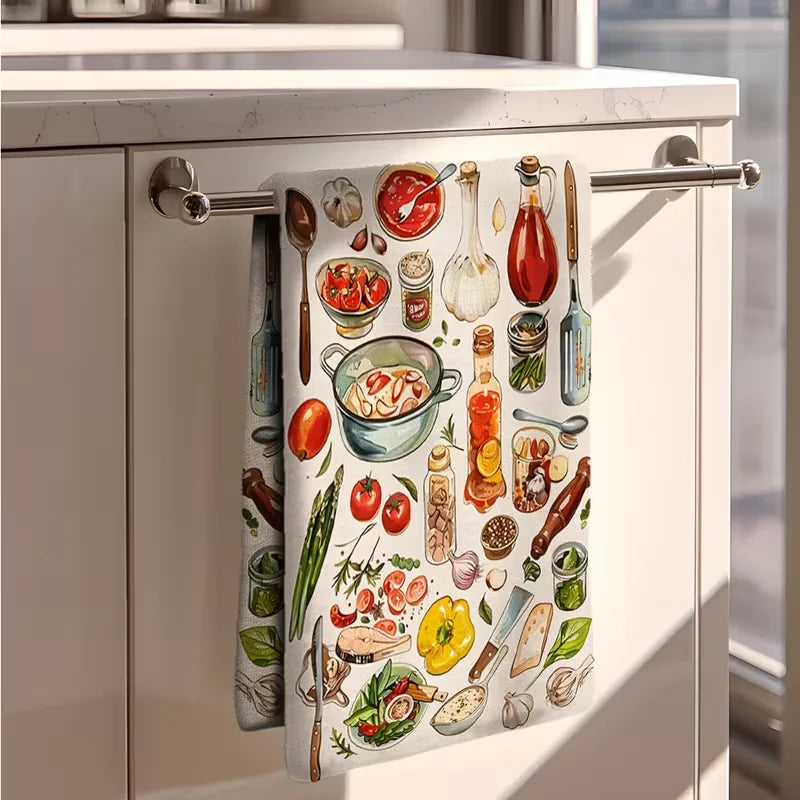 torchon cuisine microfibre fruits légumes illustration blanche lavable machine 40x60cm clips suspension couteau fourchette