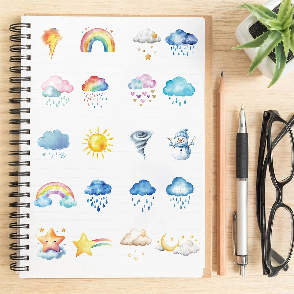autocollants multicolores dessins animés nuages arc ciel étoiles foudre neige pluie cartoon enfantin adhésifs