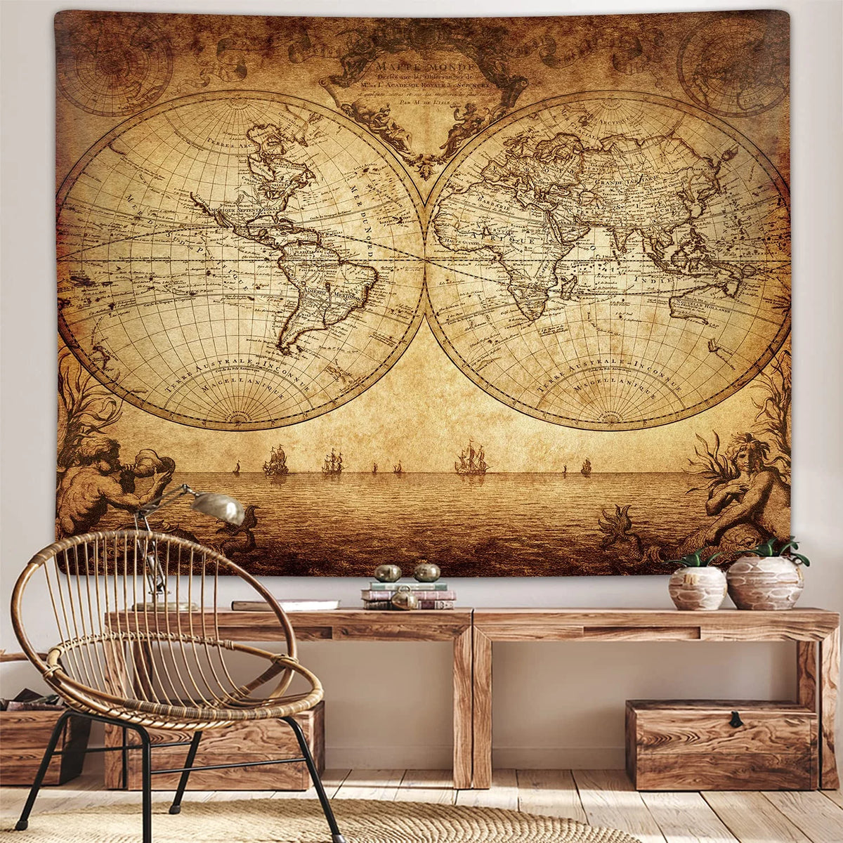 tapisserie vintage carte monde détails historiques beige marron noir rectangle
