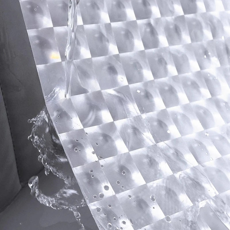 rideau douche transparent carreaux géométriques moderne ourlet lesté dimension 240cm anneaux fixation
