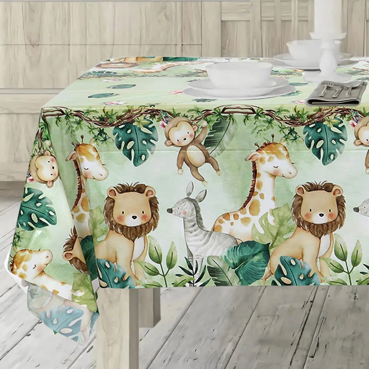 nappe anniversaire animaux jungle girafe lion zèbre singe vert clair feuilles tropicales enfantines festive