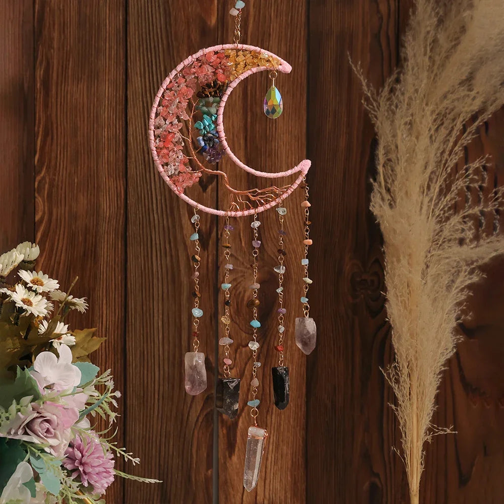 décoration murale croissant lune semi précieuses feuilles dorées boho chic chambre