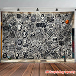 tapisserie imprimée moderne graphique noir blanc salon chambre décoration clips fixations abstraite symboles diverse