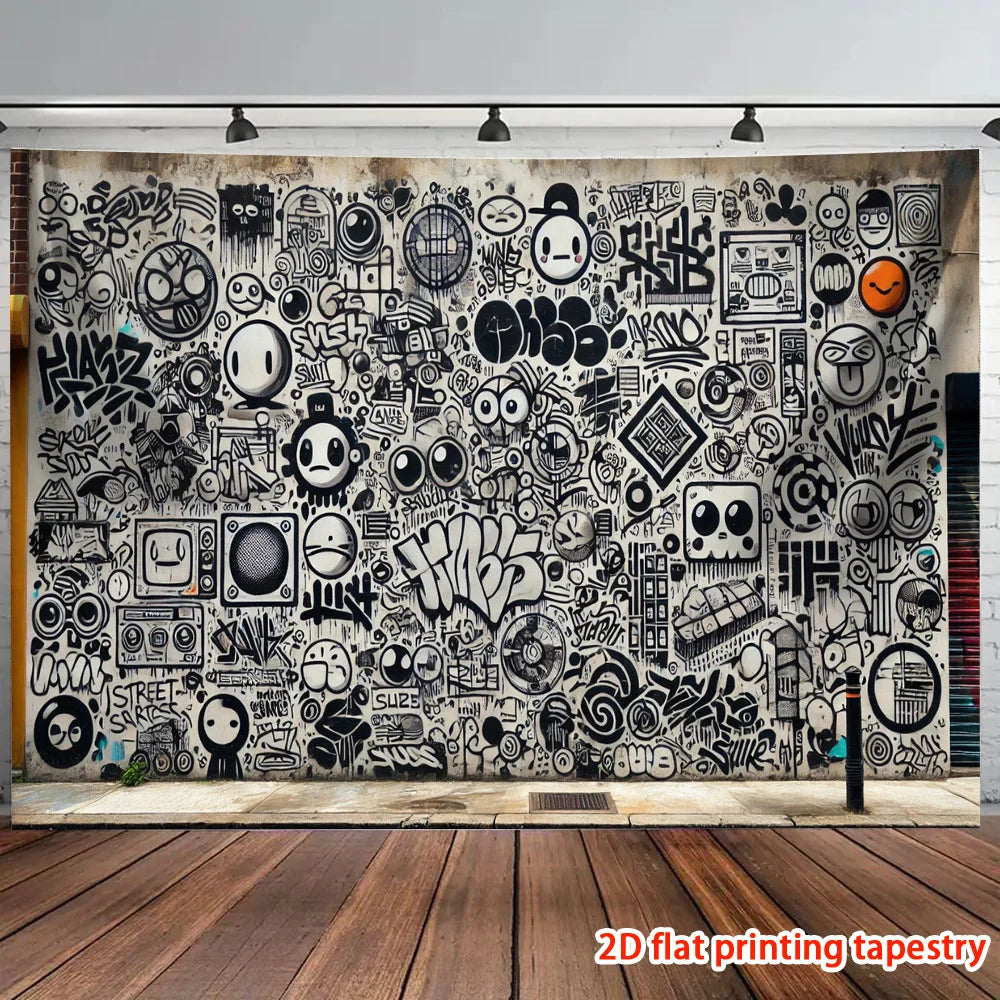 tapisserie imprimée moderne graphique noir blanc salon chambre décoration clips fixations abstraite symboles diverse
