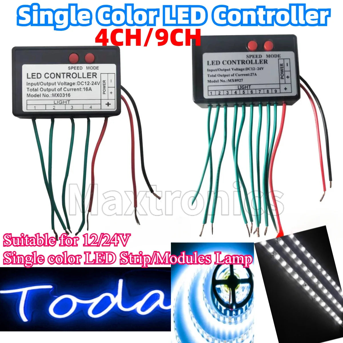 contrôleur led single color noir câbles boutons vitesse mode entrée sortie 12v 24v 4ch