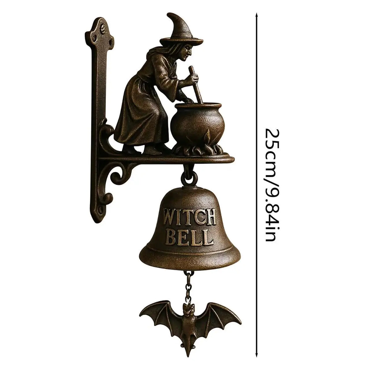cloche décorative artisanale bronze figurines sorcière chien dieu marin vintage écolo fixations écrousextérieurintérieur