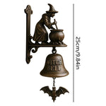 cloche décorative artisanale bronze figurines sorcière chien dieu marin vintage écolo fixations écrousextérieurintérieur