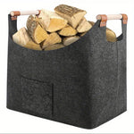 panier bois chauffe feutre gris foncé pliable poignées cuir moderne rangement sac transport large